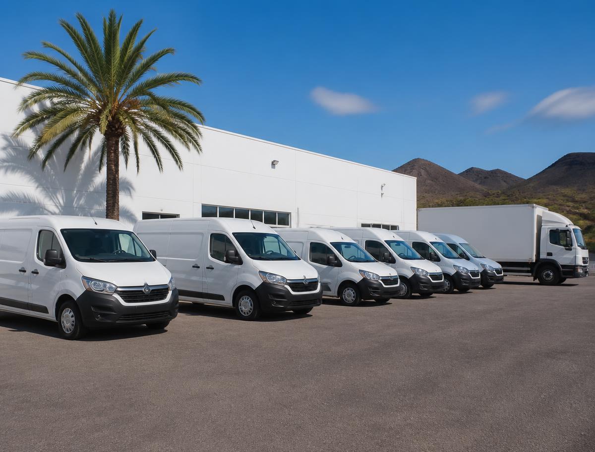 Flota de furgonetas y camión de reparto de El Cardón en Canarias
