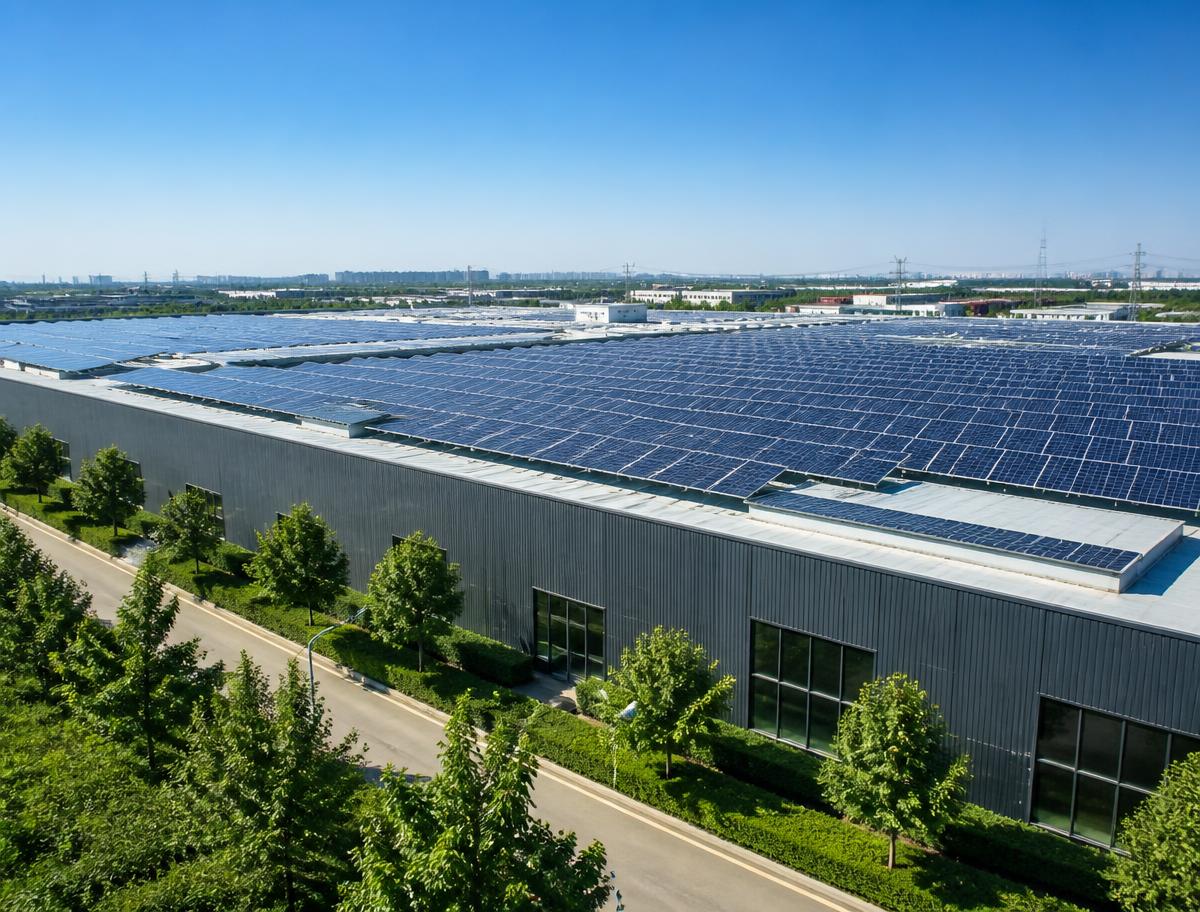 Placas solares fotovoltaicas sobre la nave industrial de la lavandería