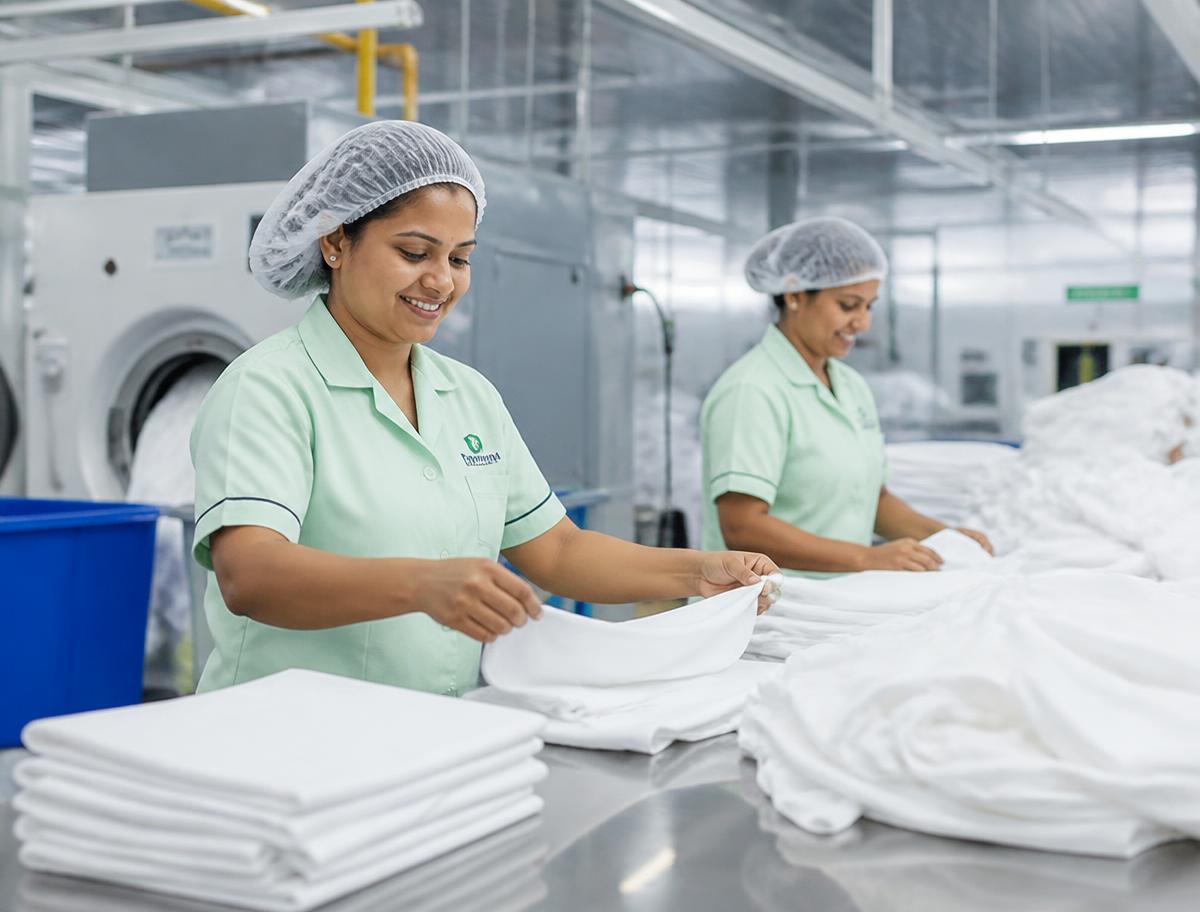 Personal uniformado de El Cardón doblando ropa blanca en la planta industrial